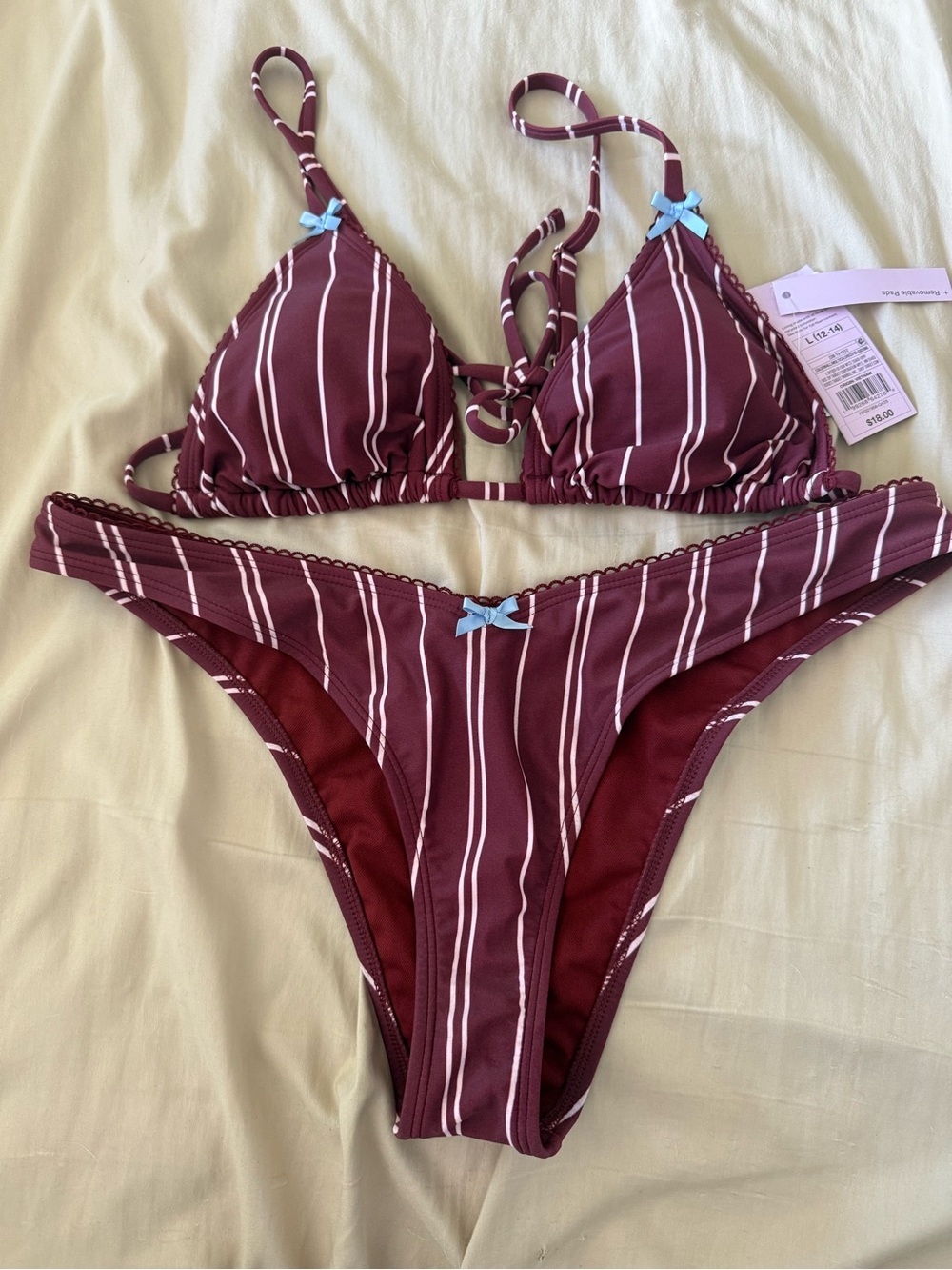 Target Burgundy and White Striped Triangle Bikini with Blue Bows